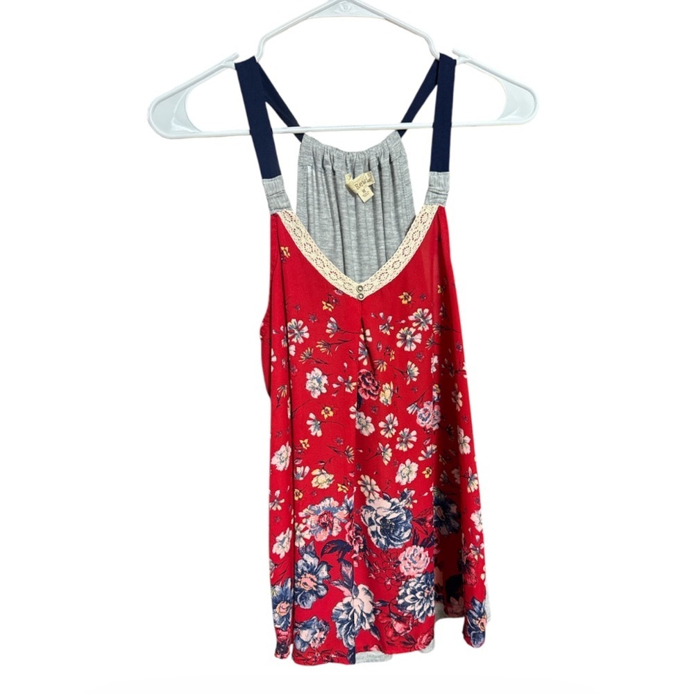 Rewind Boho Floral Mixed Media Tank Top | Red Grey Blue | Me